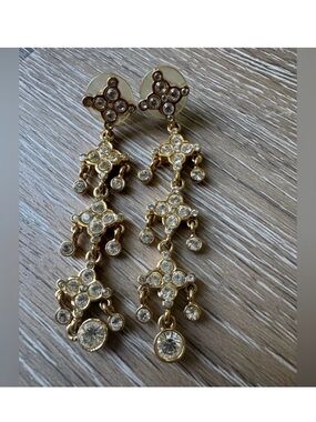 St John gold tone and white rhinestone chandelier earrings